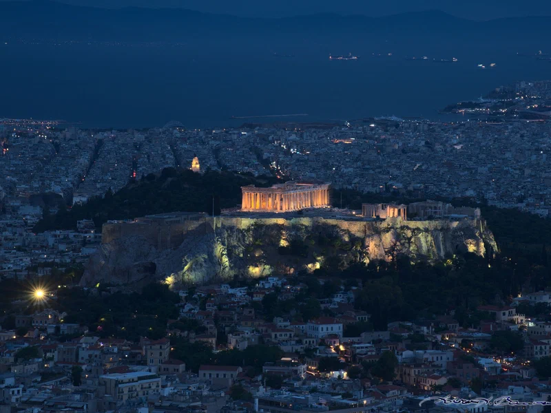 The Acropolis of Athens, seen from the highest point in the city, Mount Lykavittos.