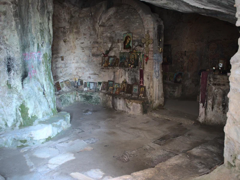 The inside of the small church by Daveli's Cave. I couldn't get in, but my camera fit through one of the broken windows.